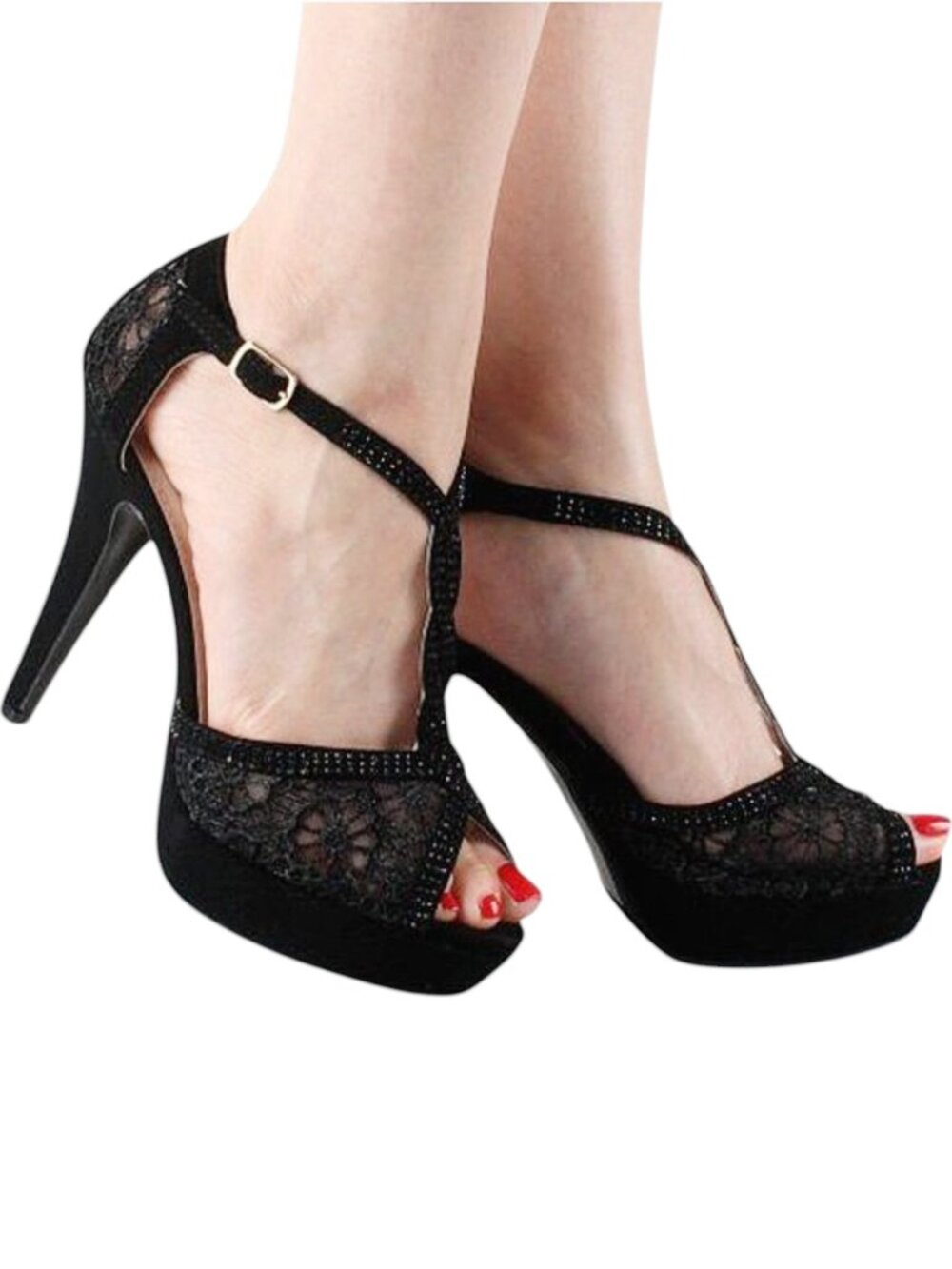 Women's Black Rhinestone Lace Platform Heels ✨ Elegant T-Strap Dress Shoes - Picture 2 of 6